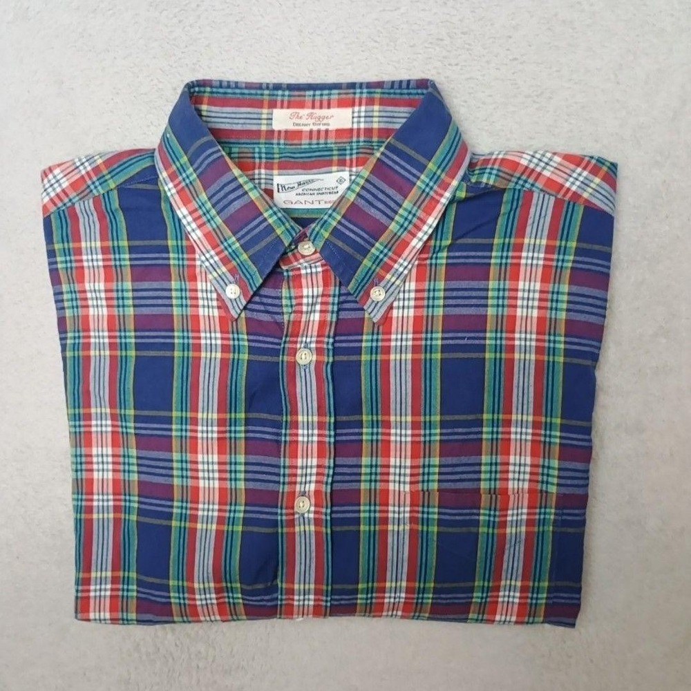 Gant Rugger Hugger Shirt Mens L Blue Plaid Button-Up Dreamy Oxford Long Sleeve
